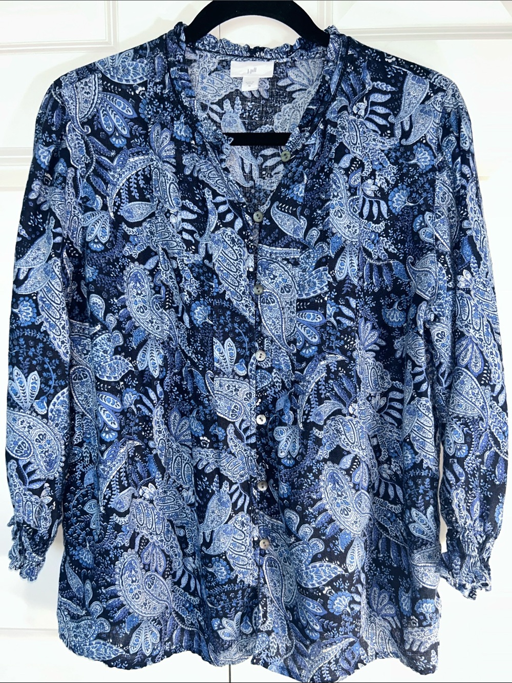 J. Jill Navy and Light Blue Paisley Button-Front Blouse